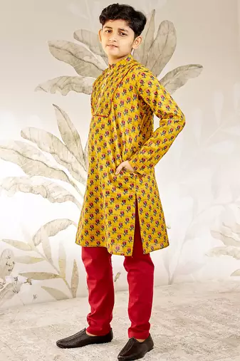  cotton kurta pyjama set - mustard raksha bandhan traditional ethnic wear with floral print (ages 2-12)