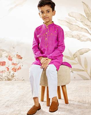  cotton kurta pyjama set - purple raksha bandhan traditional ethnic wear with thread embroidery (ages 2-12) 1
