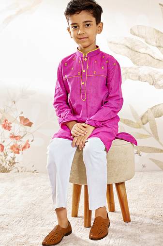 Boy's cotton kurta pyjama set - purple raksha bandhan traditional ethnic wear with thread embroidery (ages 2-12)