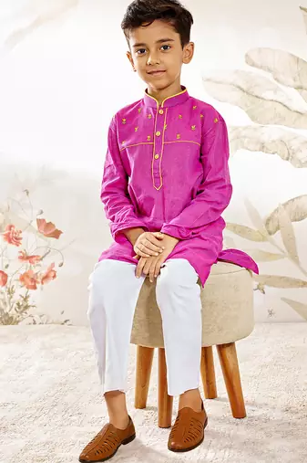 Boy's cotton kurta pyjama set - purple raksha bandhan traditional ethnic wear with thread embroidery (ages 2-12)