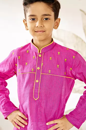  cotton kurta pyjama set - purple raksha bandhan traditional ethnic wear with thread embroidery (ages 2-12)