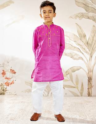  cotton kurta pyjama set - purple raksha bandhan traditional ethnic wear with thread embroidery (ages 2-12) 3