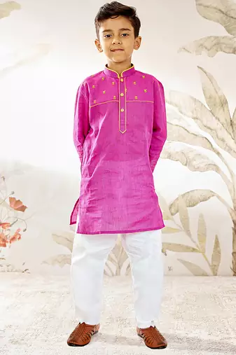  cotton kurta pyjama set - purple raksha bandhan traditional ethnic wear with thread embroidery (ages 2-12)