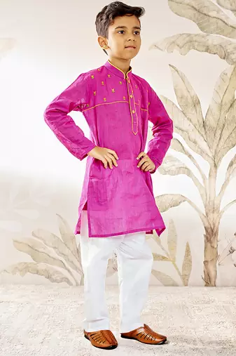  cotton kurta pyjama set - purple raksha bandhan traditional ethnic wear with thread embroidery (ages 2-12)