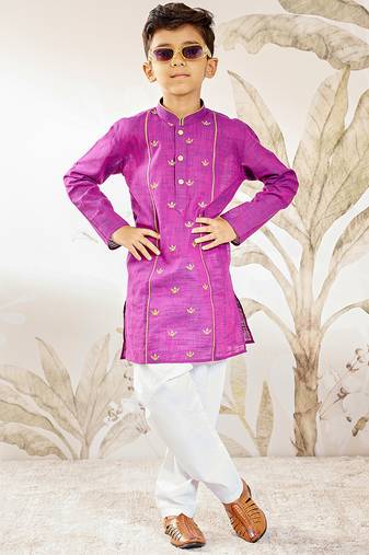 Boy's purple cotton kurta pyjama set with embroidery - rakhi outfit traditional festive wear (size 22-30)