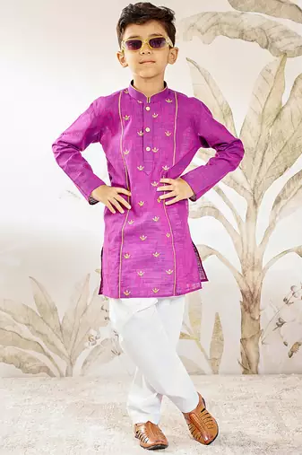 Boy's purple cotton kurta pyjama set with embroidery - rakhi outfit traditional festive wear (size 22-30)