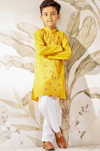 Boy's mustard cotton kurta pyjama set with thread embroidery - traditional rakhi festival ethnic wear (size 22-30)