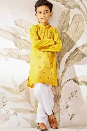 Boy's mustard cotton kurta pyjama set with thread embroidery - traditional rakhi festival ethnic wear (size 22-30)