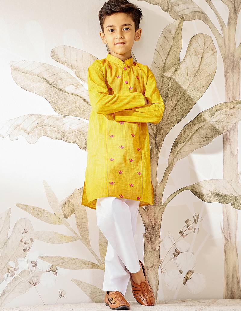 Boy's mustard cotton kurta pyjama set with thread embroidery - traditional rakhi festival ethnic wear (size 22-30)