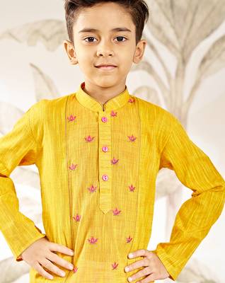  mustard cotton kurta pyjama set with thread embroidery - traditional rakhi festival ethnic wear (size 22-30) 2