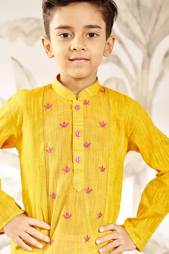  mustard cotton kurta pyjama set with thread embroidery - traditional rakhi festival ethnic wear (size 22-30)