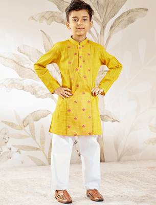  mustard cotton kurta pyjama set with thread embroidery - traditional rakhi festival ethnic wear (size 22-30) 3