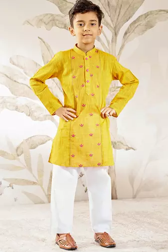  mustard cotton kurta pyjama set with thread embroidery - traditional rakhi festival ethnic wear (size 22-30)