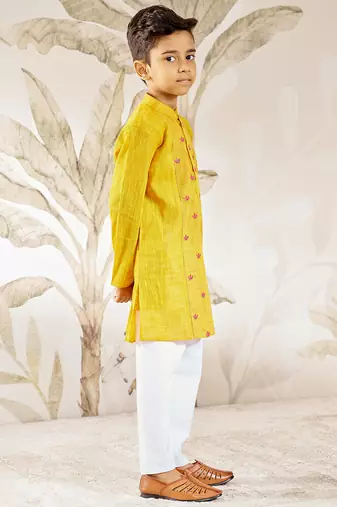  mustard cotton kurta pyjama set with thread embroidery - traditional rakhi festival ethnic wear (size 22-30)