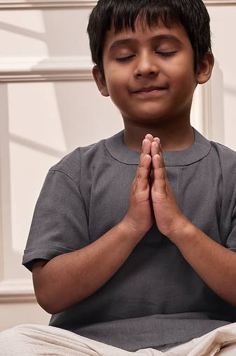 Boy's grey cotton yoga kurta harem pants set - comfortable band collar short kurta - kids sizes 22-30