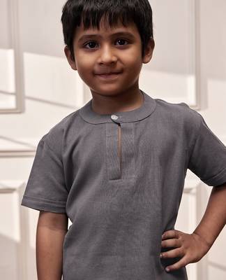  grey cotton yoga kurta harem pants set - comfortable band collar short kurta - kids sizes 22-30 2