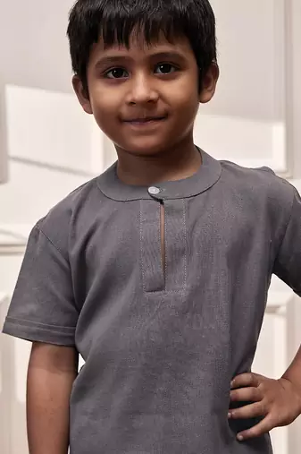  grey cotton yoga kurta harem pants set - comfortable band collar short kurta - kids sizes 22-30