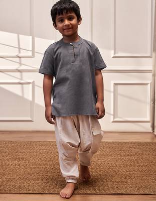  grey cotton yoga kurta harem pants set - comfortable band collar short kurta - kids sizes 22-30 3