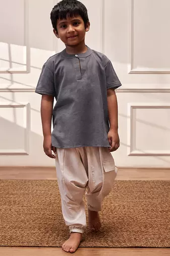  grey cotton yoga kurta harem pants set - comfortable band collar short kurta - kids sizes 22-30