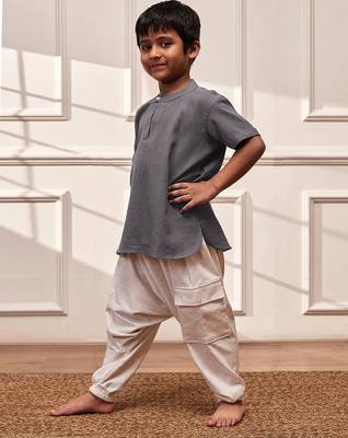  grey cotton yoga kurta harem pants set - comfortable band collar short kurta - kids sizes 22-30 4