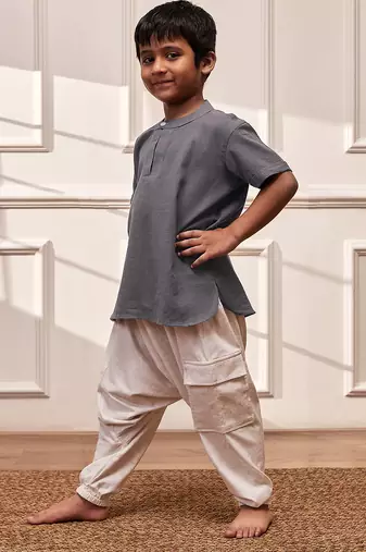  grey cotton yoga kurta harem pants set - comfortable band collar short kurta - kids sizes 22-30