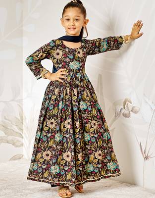 Girl's traditional black cotton anarkali pyjama set with dupatta floral print for festival wedding wear (22-30) 1