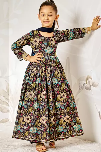 Girl's traditional black cotton anarkali pyjama set with dupatta floral print for festival wedding wear (22-30)