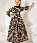 Girl's traditional black cotton anarkali pyjama set with dupatta floral print for festival wedding wear (22-30)