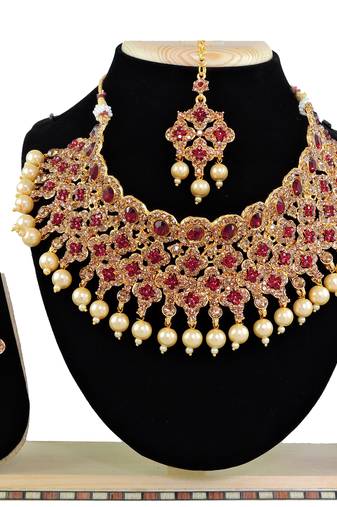 Maroon designer function wear ad necklace set