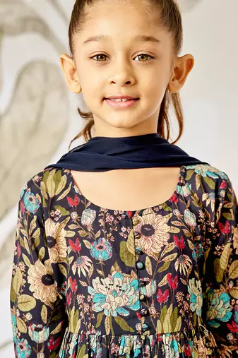 Girl's traditional black cotton anarkali pyjama set with dupatta floral print for festival wedding wear (22-30)