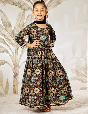Girl's traditional black cotton anarkali pyjama set with dupatta floral print for festival wedding wear (22-30) 3