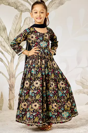 Girl's traditional black cotton anarkali pyjama set with dupatta floral print for festival wedding wear (22-30)