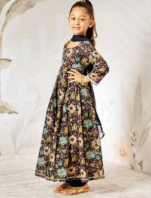 Girl's traditional black cotton anarkali pyjama set with dupatta floral print for festival wedding wear (22-30) 4