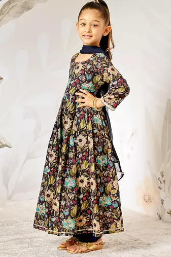 Girl's traditional black cotton anarkali pyjama set with dupatta floral print for festival wedding wear (22-30)
