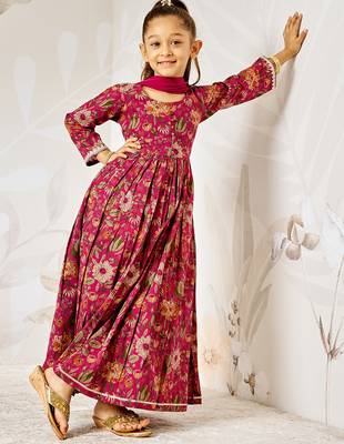 Girl's traditional falsa cotton anarkali pyjama set with dupatta floral print for festival wedding wear (22-30) 1