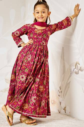 Girl's traditional falsa cotton anarkali pyjama set with dupatta floral print for festival wedding wear (22-30)