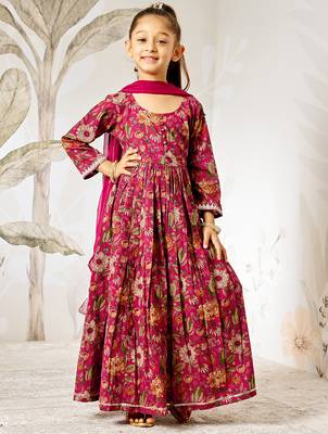 Girl's traditional falsa cotton anarkali pyjama set with dupatta floral print for festival wedding wear (22-30) 3