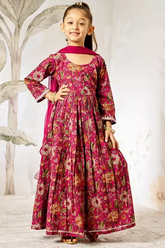 Girl's traditional falsa cotton anarkali pyjama set with dupatta floral print for festival wedding wear (22-30)