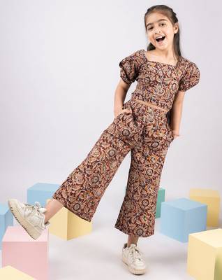 Girl's summer cotton clothing set - red kalamkari block print crop top with wide leg pants for casual wear (size 22-30) 1