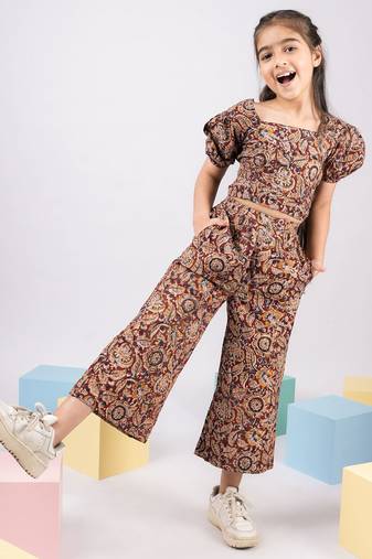 Girl's summer cotton clothing set - red kalamkari block print crop top with wide leg pants for casual wear (size 22-30)