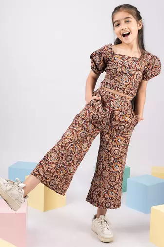 Girl's summer cotton clothing set - red kalamkari block print crop top with wide leg pants for casual wear (size 22-30)