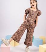 Girl's summer cotton clothing set - red kalamkari block print crop top with wide leg pants for casual wear (size 22-30)