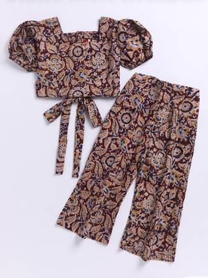 Girl's summer cotton clothing set - red kalamkari block print crop top with wide leg pants for casual wear (size 22-30) 2