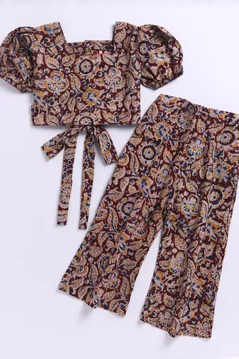 Girl's summer cotton clothing set - red kalamkari block print crop top with wide leg pants for casual wear (size 22-30)
