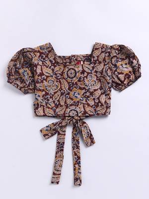Girl's summer cotton clothing set - red kalamkari block print crop top with wide leg pants for casual wear (size 22-30) 3