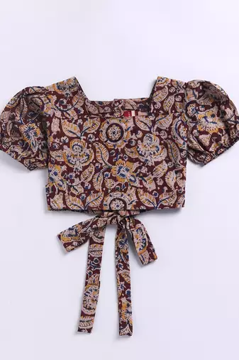 Girl's summer cotton clothing set - red kalamkari block print crop top with wide leg pants for casual wear (size 22-30)