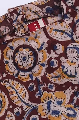 Girl's summer cotton clothing set - red kalamkari block print crop top with wide leg pants for casual wear (size 22-30)