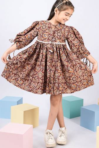 Girl's summer cotton dress - red kalamkari block print dress with band collar for casual wear (size 22-30)