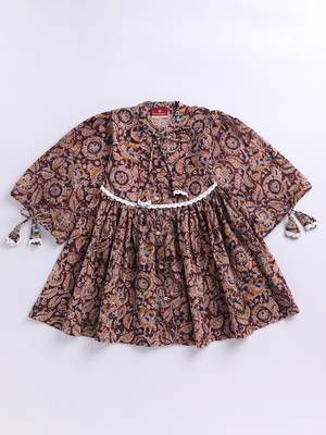 Girl's summer cotton dress - red kalamkari block print dress with band collar for casual wear (size 22-30) 2