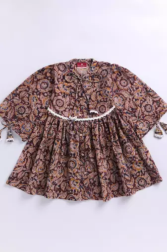 Girl's summer cotton dress - red kalamkari block print dress with band collar for casual wear (size 22-30)